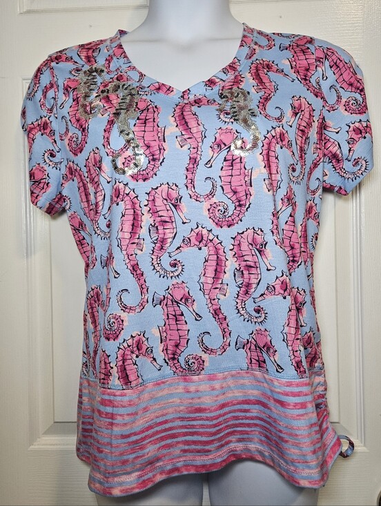 Onque Casuals Tops - Onque Casuals, Sequin, Ruched, Seahorse Print Short Sleeve V-neck Top.